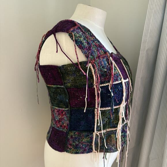 Handmade Granny Square Crochet Boho Top OverSize Square Neck Fringe Festival - Picture 3 of 9